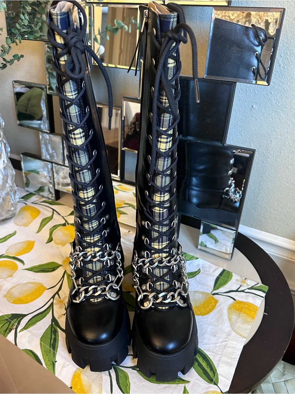 Circus by Sam Edelman Black Lace-Up Platform Combat Boots with Yellow Plaid